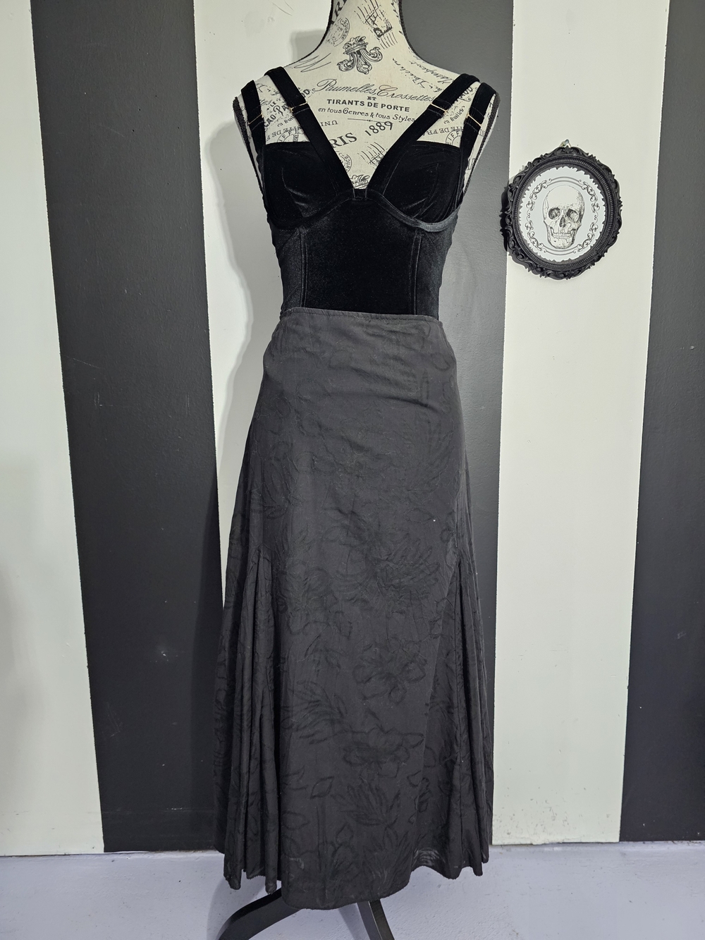 Jessica Black Velvet Bustier Maxi Dress with Subtle Floral Skirt